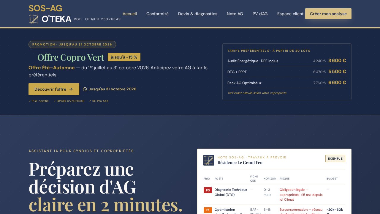 Page d'accueil de la plateforme SOS-AG by O-TEKA affichant la préparation d'une décision d'assemblée générale de copropriété