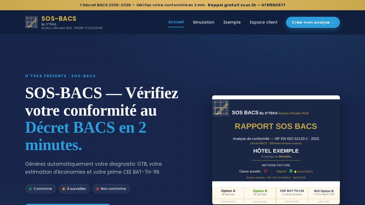 Page d'accueil de la plateforme SOS-BACS by O-TEKA avec la vérification de conformité au décret BACS et un exemple de rapport