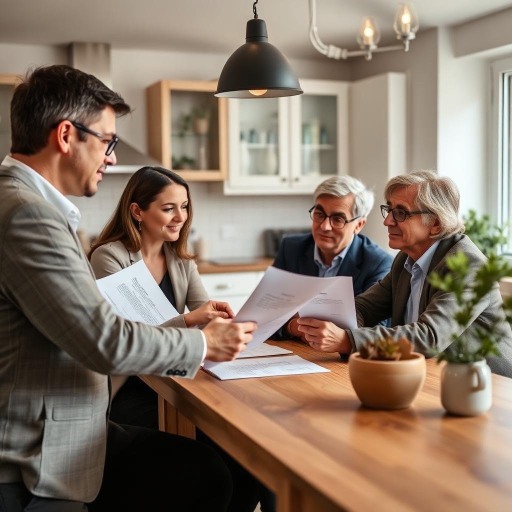 Conseiller en rénovation énergétique expliquant un rapport d'audit à des propriétaires