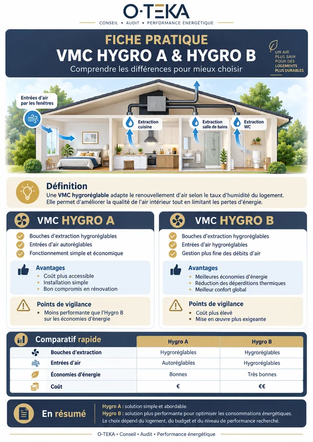 Fiche pratique O-TEKA comparant la VMC Hygro A et la VMC Hygro B