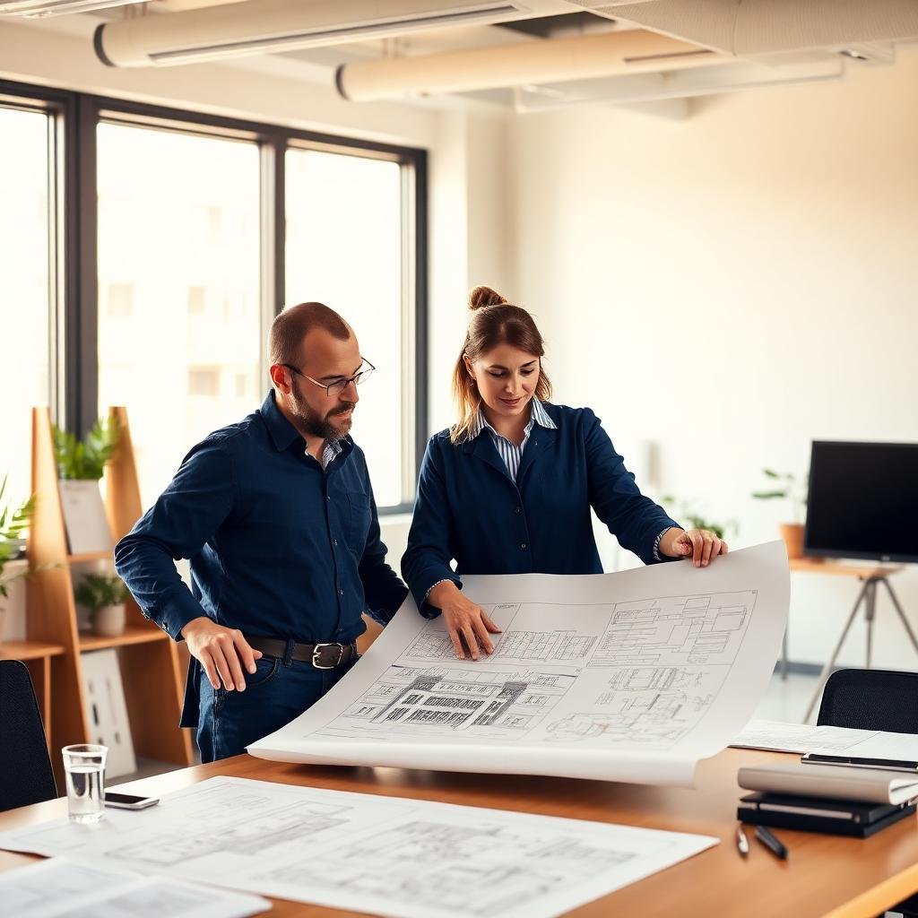 Ingénieurs analysant les plans et les schémas d'une installation de gestion technique du bâtiment