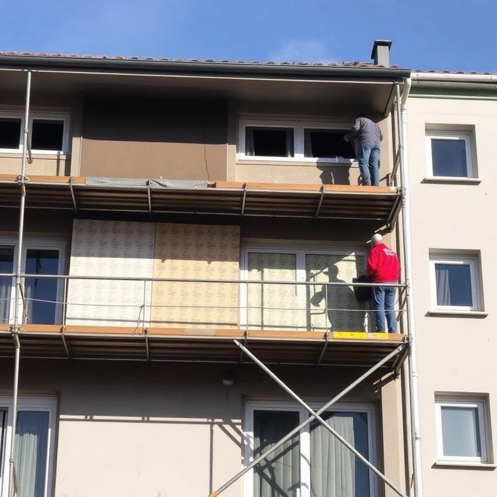 Chantier d'isolation thermique par l'extérieur sur un immeuble, en journée